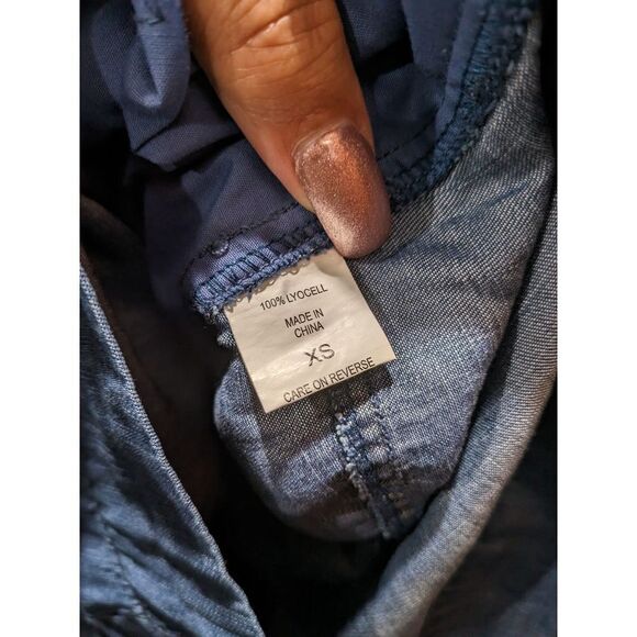 Gabrielle Union New York & Co Chambray Tab Sleeve Zip Front Tie Belt Romper, XS - Picture 13 of 15